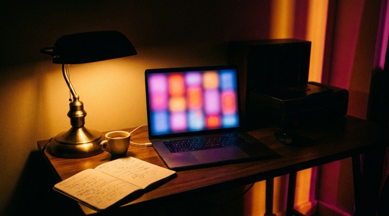 A night editing desk, laptop glowing with a blurred grid of vertical videos
