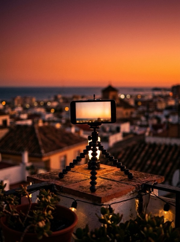 A phone on a tripod on a Málaga rooftop at dusk, sky in magenta and orange