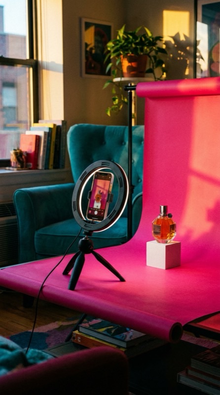 A phone and ring light shooting a product on a hot pink backdrop