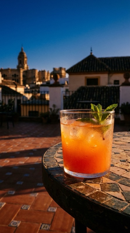A cold drink in golden Málaga light on a rooftop table